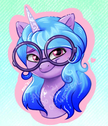 Size: 668x776 | Tagged: safe, artist:avui, imported from derpibooru, izzy moonbow, pony, unicorn, spoiler:g5, spoiler:my little pony: a new generation, bust, female, g5, glasses, mare, my little pony: a new generation, portrait, solo, watermark