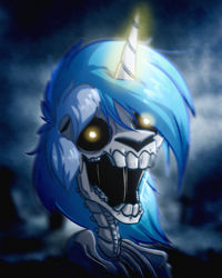 Size: 3200x4000 | Tagged: safe, artist:witchtaunter, imported from derpibooru, lyra heartstrings, pony, skeleton pony, unicorn, bone, cloud, cloudy, glowing, glowing eyes, glowing horn, halloween, holiday, horn, horror, skeleton, solo, spooky