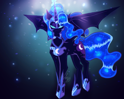 Size: 1280x1024 | Tagged: safe, artist:cominet97, imported from derpibooru, nightmare moon, alicorn, pony, bat wings, blue eyes, blue mane, blue tail, colored pupils, digital art, ethereal mane, female, flowing mane, glowing, glowing horn, hoof shoes, horn, looking at you, signature, simple background, solo, spread wings, starry mane, starry tail, stars, tail, wings