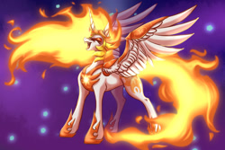 Size: 1280x854 | Tagged: dead source, safe, artist:janeraver, imported from derpibooru, daybreaker, alicorn, pony, a royal problem, armor, digital art, evil laugh, eyes closed, fangs, feather, female, flowing mane, flowing tail, helmet, hoof shoes, horn, laughing, long mane, long tail, mane of fire, open mouth, peytral, princess shoes, purple background, scene interpretation, simple background, solo, spread wings, tail, teeth, thin legs, wing armor, wings