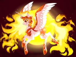 Size: 4160x3120 | Tagged: safe, artist:sn0wy18, imported from derpibooru, daybreaker, alicorn, pony, armor, commission, eyelashes, feather, female, flowing mane, flowing tail, flying, gem, grin, helmet, high res, hoof shoes, horn, looking at you, mane of fire, simple background, smiling, smiling at you, solo, spread wings, sun, tail, wing armor, wings, yellow eyes