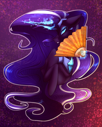 Size: 2560x3200 | Tagged: safe, artist:flabight568, imported from derpibooru, nightmare rarity, pony, unicorn, blue eyes, bust, colored pupils, crown, eyelashes, fan, female, flowing mane, gem, glowing, glowing horn, high res, horn, jewelry, logo, looking at you, magic, magic aura, purple background, purple mane, regalia, simple background, solo, teeth, telekinesis