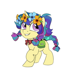 Size: 680x680 | Tagged: safe, artist:jewellier, imported from derpibooru, oc, oc only, oc:sagitta, pony, bag, disguise, disguised changeling, female, flower, flower in hair, mare, oda 997, simple background, smiling, solo, white background, young