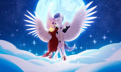 Size: 900x534 | Tagged: safe, artist:nivimonster, imported from derpibooru, oc, oc only, oc:rose wing, oc:white quartz, pegasus, pony, clothes, cloud, dress, female, male, moon, oc x oc, shipping, stars, straight