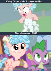 Size: 430x600 | Tagged: safe, edit, edited edit, edited screencap, editor:undeadponysoldier, imported from derpibooru, screencap, cozy glow, spike, dragon, pegasus, pony, school raze, the ending of the end, a better ending for cozy, bag, bow, cozy deserved this, cozylove, drama, duo, female, filly, freckles, hair bow, male, paper bag, pursuit, reformed