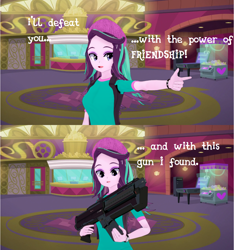 Size: 1282x1370 | Tagged: safe, artist:missmagnificence, imported from derpibooru, starlight glimmer, equestria girls, mirror magic, spoiler:eqg specials, 3d, and this gun i found, bracelet, claw machine, clothes, comic, dialogue, eyeshadow, female, gun, jewelry, koikatsu, makeup, open mouth, rifle, shirt, solo, weapon