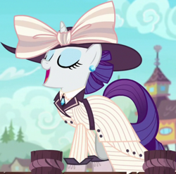 Size: 840x829 | Tagged: safe, imported from derpibooru, screencap, rarity, pony, unicorn, ppov, season 6, bow, clothes, costume, cropped, dress, female, hat, mare, outfit catalog, raristocrat, rose dewitt bukater, titanic