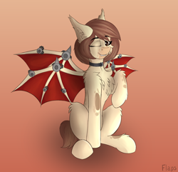 Size: 2976x2868 | Tagged: safe, artist:flapstune, imported from derpibooru, oc, oc only, bat pony, pony, bat wings, chest fluff, ear fluff, fangs, female, fluffy, high res, long ears, looking at you, mare, one eye closed, signature, simple background, sitting, smiling, solo, spread wings, wings