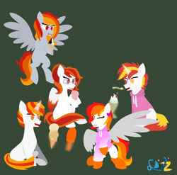 Size: 6291x6204 | Tagged: safe, artist:samsailz, imported from derpibooru, oc, oc only, oc:crimson trace, oc:shyfire, oc:tridashie, pegasus, pony, unicorn, :p, clone, clothes, doppelganger, flying, food, hoodie, ice cream, licking, lineless, multeity, spoon, sundae, tongue out, wings