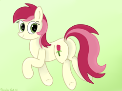 Size: 4032x3016 | Tagged: safe, artist:rainbowšpekgs, imported from derpibooru, roseluck, earth pony, pony, background pony, butt, cute, dock, female, gradient background, green eyes, high res, mare, plot, rosebutt, signature, smiling, solo, tail, two toned mane, two toned tail, underhoof