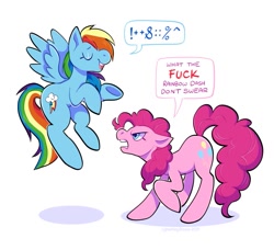 Size: 823x750 | Tagged: safe, artist:cyberdaydream, imported from derpibooru, pinkie pie, rainbow dash, earth pony, pegasus, pony, angry, censored vulgarity, dialogue, eyes closed, floppy ears, flying, grawlixes, hypocrisy, hypocritical humor, open mouth, open smile, raised hoof, redraw, smiling, spread wings, vulgar, what the heck rainbow dash don't swear, wings