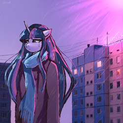 Size: 2000x2000 | Tagged: safe, artist:xjenn9, imported from derpibooru, twilight sparkle, anthro, unicorn, building, clothes, commieblocks, crying, depressed, doomer, female, high res, horn, long hair, looking away, plattenbau, rain, sad, scarf, solo