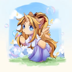 Size: 2048x2048 | Tagged: safe, artist:qamar, imported from derpibooru, oc, oc only, alicorn, butterfly, pony, alicorn oc, bipedal, blowing bubbles, bubble wand, clothes, cloud, cute, high res, horn, ocbetes, solo, spread wings, wings