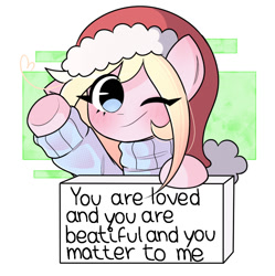 Size: 720x723 | Tagged: safe, artist:arwencuack, imported from derpibooru, oc, oc only, oc:chuckles, earth pony, pony, christmas, clothes, commission, female, hat, holiday, love, positive message, positive ponies, smiling, solo, sweater