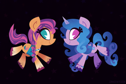 Size: 3000x2000 | Tagged: safe, artist:spacekitsch, imported from derpibooru, izzy moonbow, sunny starscout, earth pony, pony, unicorn, black background, female, g5, high res, looking at you, mare, simple background, smiling