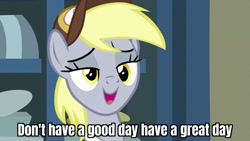 Size: 1280x720 | Tagged: safe, edit, edited screencap, imported from derpibooru, screencap, derpy hooves, pony, best gift ever, caption, female, free guy, image macro, lidded eyes, mailpony, mid-blink screencap, post office, solo, text