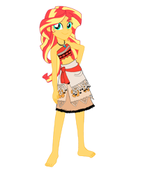 Size: 1024x1265 | Tagged: safe, artist:renthegodofhumor, imported from derpibooru, sunset shimmer, equestria girls, barefoot, boots, clothes, clothes swap, cosplay, costume, feet, gloves, jewelry, midriff, moana, moana waialiki, motorcross, necklace, shoes, simple background, solo, transparent background