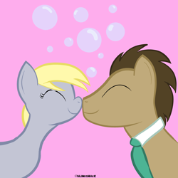Size: 3600x3600 | Tagged: safe, artist:blinkshake, imported from derpibooru, derpy hooves, doctor whooves, time turner, earth pony, pegasus, pony, boop, bubble, doctorderpy, eyes closed, female, g4, high res, male, mare, noseboop, nuzzling, pink background, shipping, simple background, smiling, stallion, straight