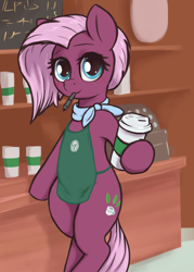 Size: 2150x3000 | Tagged: safe, alternate version, artist:t72b, imported from derpibooru, jasmine leaf, earth pony, pony, apron, bipedal, bipedal leaning, clothes, coffee cup, cup, female, high res, hoof hold, leaning, looking at you, mare, meme, mouth hold, neckerchief, offering, sharpie, smiling, smiling at you, solo, starbucks