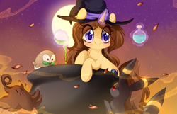 Size: 1549x1000 | Tagged: safe, artist:loyaldis, imported from derpibooru, oc, oc only, oc:astral flare, pony, pumpkaboo, rowlet, umbreon, unicorn, cauldron, cute, female, full moon, halloween, hat, holiday, leaves, levitation, magic, moon, pokémon, potion, solo, spell, telekinesis, witch, witch hat