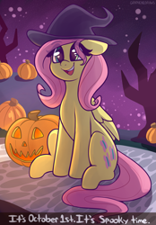 Size: 2625x3777 | Tagged: safe, artist:graphene, imported from derpibooru, fluttershy, pegasus, pony, cute, dialogue, female, floppy ears, folded wings, halloween, hat, high res, holiday, jack-o-lantern, looking at you, mare, open mouth, open smile, outdoors, pumpkin, shyabetes, sitting, smiling, solo, stray strand, talking to viewer, three quarter view, wings, witch hat