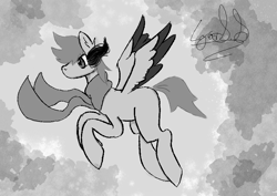 Size: 842x595 | Tagged: safe, artist:igorbanette, imported from derpibooru, oc, oc only, oc:thorn darkness, pegasus, pony, clothes, colored wings, eye mist, flying, scarf, solo, two toned wings, wings