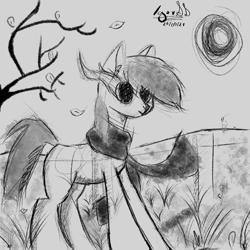 Size: 1000x1000 | Tagged: safe, artist:igorbanette, imported from derpibooru, oc, oc only, oc:thorn darkness, pony, clothes, eye mist, leaves, scarf, solo, tree