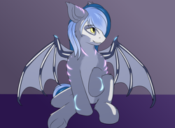 Size: 1900x1400 | Tagged: safe, artist:snowstormbat, imported from derpibooru, oc, oc only, oc:midnight snowstorm, bat pony, pony, bodypaint, gradient background, male, sitting, smiling, solo, stallion