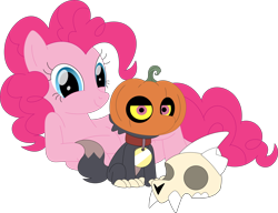 Size: 3554x2723 | Tagged: safe, artist:porygon2z, imported from derpibooru, pinkie pie, earth pony, pony, broken horn, collar, crossover, duo, female, friendshipping, halloween, high res, hilarious in hindsight, holiday, horn, jack-o-lantern, king clawthorne, looking at you, male, pet tag, pumpkin, show accurate, simple background, skull, the owl house, titan, transparent background, vector
