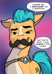 Size: 700x1000 | Tagged: safe, artist:the_gneech, imported from derpibooru, hitch trailblazer, bad joke, bad pun, dialogue, disguise, facial hair, g5, gradient background, moustache, my little pony: a new generation, pun, sheriff, simple background, smiling, speech bubble