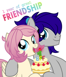 Size: 850x1000 | Tagged: safe, artist:jennieoo, imported from derpibooru, oc, oc:gentle star, oc:maverick, earth pony, pegasus, pony, anniversary, cake, celebration, cute, food, friends, friendship, happy, hug, looking at you, ocbetes, show accurate, simple background, smiling, smiling at you, transparent background, vector