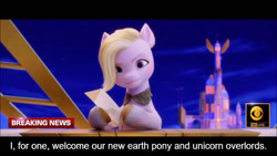 Size: 800x450 | Tagged: safe, edit, edited screencap, imported from derpibooru, screencap, pegasus, pony, 3d, breaking news, caption, dazzle feather, female, g5, hoof hold, i for one welcome our new overlords, image macro, looking at you, mare, meme, my little pony: a new generation, news, solo, text, unshorn fetlocks, zephyr heights