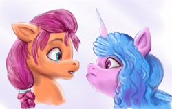 Size: 5418x3442 | Tagged: safe, artist:nedemai, imported from derpibooru, izzy moonbow, sunny starscout, earth pony, pony, unicorn, spoiler:g5, spoiler:my little pony: a new generation, duo, duo female, female, g5, looking at each other, my little pony: a new generation, scene interpretation, staring contest