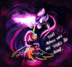 Size: 2048x1901 | Tagged: safe, artist:damadraws, imported from derpibooru, sunny starscout, twilight sparkle, alicorn, earth pony, pony, spoiler:g5, abuse, corrupted, crying, duo, duo female, female, g5, twilight sparkle (alicorn)