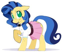 Size: 2500x2115 | Tagged: safe, artist:hattsy, imported from ponybooru, oc, oc only, oc:milky way, earth pony, pony, belt, bowtie, clothes, drawthread, ears, female, floppy ears, mare, raised hoof, raised leg, shirt, simple background, skirt, smiling, solo, white background