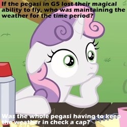 Size: 500x500 | Tagged: safe, edit, edited screencap, imported from derpibooru, screencap, sweetie belle, pony, unicorn, caption, continuity error, cropped, exploitable meme, female, filly, foal, g5, g5 pegasi can't fly, image macro, meme, obligatory pony, solo, sudden clarity sweetie belle, text