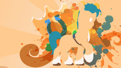 Size: 1280x720 | Tagged: safe, artist:1alexgreen1, imported from derpibooru, hitch trailblazer, earth pony, g5, horseshoes, male, orange background, simple background, solo, stallion, sunburst background, wallpaper