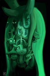 Size: 1365x2048 | Tagged: safe, artist:raphaeldavid, imported from twibooru, discord, queen chrysalis, starlight glimmer, trixie, changeling, changeling queen, draconequus, pony, unicorn, female, image, male, mare, monochrome, title card