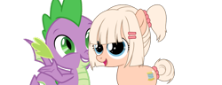 Size: 989x378 | Tagged: safe, edit, editor:undeadponysoldier, imported from ponybooru, vector edit, spike, oc, oc:silk stocking, earth pony, pony, adorable face, bangs, canon x oc, cute, female, filly, hair beads, happy, hug, open mouth, ponytail, side hug, silkabetes, silkspike, simple background, spikabetes, tail bun, transparent background, vector