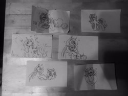 Size: 1024x768 | Tagged: safe, artist:chickenbrony, imported from twibooru, rarity, pony, unicorn, black and white, grayscale, heart, image, monochrome, needs more jpeg, simple background, sketch, sketch dump, traditional art, white background
