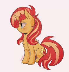 Size: 1144x1200 | Tagged: safe, artist:katakiuchi4u, imported from derpibooru, sunset shimmer, pony, unicorn, equestria girls, animated, blinking, blushing, chest fluff, cute, eye shimmer, eyes closed, female, floating heart, freckles, gif, happy, heart, looking at you, mare, ponytober, shimmerbetes, simple background, sitting, smiling, solo