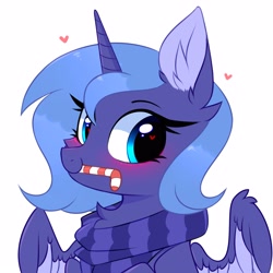 Size: 3000x3000 | Tagged: safe, artist:pesty_skillengton, imported from derpibooru, princess luna, alicorn, pony, blushing, candy, candy cane, chest fluff, clothes, food, heart, looking at you, s1 luna, scarf, smiling, solo, spread wings, wings