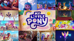 Size: 1280x720 | Tagged: safe, edit, edited screencap, editor:quoterific, imported from derpibooru, screencap, applejack, fluttershy, hitch trailblazer, izzy moonbow, pinkie pie, pipp petals, queen haven, rainbow dash, rarity, sprout cloverleaf, sunny starscout, twilight sparkle, zipp storm, alicorn, earth pony, pegasus, pony, unicorn, spoiler:g5, spoiler:my little pony: a new generation, alphabittle blossomforth, applejack's hat, bongo beats, cowboy hat, earth pony crystal, eyes closed, female, fit right in (g5), flying, g5, gonna be my day, happy birthday mlp:fim, hat, male, mane five (g5), mane six, mane stripe sunny, mare, my little pony logo, my little pony: a new generation, open mouth, pegasus crystal, princess sunny starscout, race swap, sprouticus maximus, stallion, sunnycorn, thunder flap, twilight sparkle (alicorn), unicorn crystal, unicorn-y talks with izzy, zoom zephyrwing