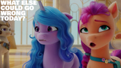 Size: 1280x720 | Tagged: safe, edit, edited screencap, editor:quoterific, imported from derpibooru, screencap, izzy moonbow, sunny starscout, earth pony, pegasus, pony, unicorn, spoiler:g5, spoiler:my little pony: a new generation, ball, female, floppy ears, g5, izzy's tennis ball, male, mare, my little pony: a new generation, open mouth, royal guard, stallion, tennis ball, what could possibly go wrong