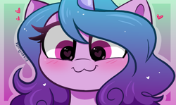 Size: 5125x3050 | Tagged: safe, artist:kittyrosie, imported from derpibooru, izzy moonbow, pony, unicorn, :3, blushing, bust, close-up, cute, female, g5, heart, heart eyes, hi new friend, high res, izzybetes, mare, my little pony: a new generation, portrait, simple background, smiling, solo, wingding eyes