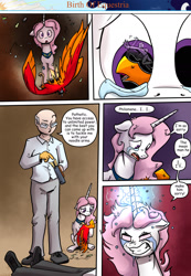 Size: 1280x1853 | Tagged: safe, artist:shieltar, imported from derpibooru, philomena, princess celestia, oc, oc:professor harmony, oc:the director, alicorn, human, phoenix, pony, comic:birth of equestria, angry, broken, cewestia, collar, comic, crying, falling, female, filly, glasses, horn, impalement, lying down, lying on the ground, magic, male, mare, pink-mane celestia, punch, rage, ragelestia, tears of rage, tears of sadness, this will end in pain and/or death, tranquilizer, wings, younger