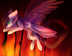 Size: 960x741 | Tagged: safe, artist:primarylilybrisk, imported from derpibooru, oc, oc only, demon, demon pony, original species, flying, glowing, glowing eyes, horn, solo, spread wings, wings