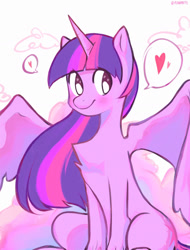 Size: 1280x1684 | Tagged: safe, artist:beetocy, artist:chokotokki, artist:manguitokn, imported from derpibooru, twilight sparkle, alicorn, pony, chest fluff, cute, female, heart, mare, signature, sitting, smiling, solo, spread wings, twiabetes, twilight sparkle (alicorn), wings