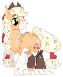 Size: 459x560 | Tagged: safe, artist:vintage-owll, imported from derpibooru, applejack, pony, alternate design, applejack's hat, braid, coat markings, cowboy hat, dappled, eyebrows, eyebrows visible through hair, hat, leg wraps, scar, socks (coat markings), solo