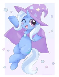Size: 1500x1952 | Tagged: safe, artist:ginmaruxx, imported from derpibooru, trixie, pony, unicorn, bipedal, blushing, cape, clothes, cute, diatrixes, female, hat, looking at you, mare, one eye closed, smiling, solo, trixie's cape, trixie's hat, wink